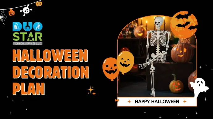 Duostar Halloween decoration plan showing layout and design concept for indoor and outdoor Halloween setups in Dubai, including spooky props, lighting, and themed areas.
