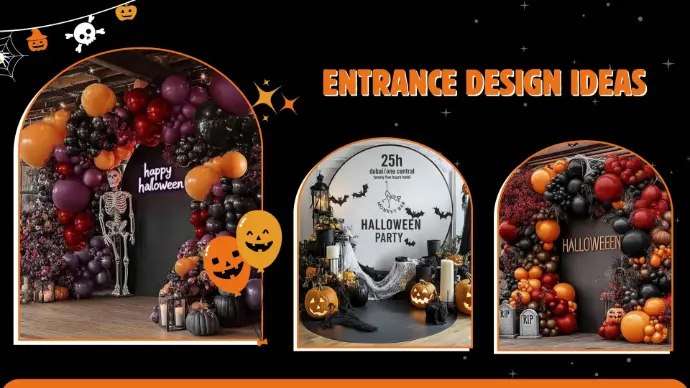 Halloween entrance design by Duo Star in Dubai featuring spooky props, pumpkins, cobwebs, and eerie lighting to welcome guests.