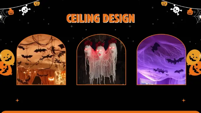 Halloween ceiling decoration by Duo Star in Dubai with hanging bats, cobwebs, and spooky lights for indoor party setups.