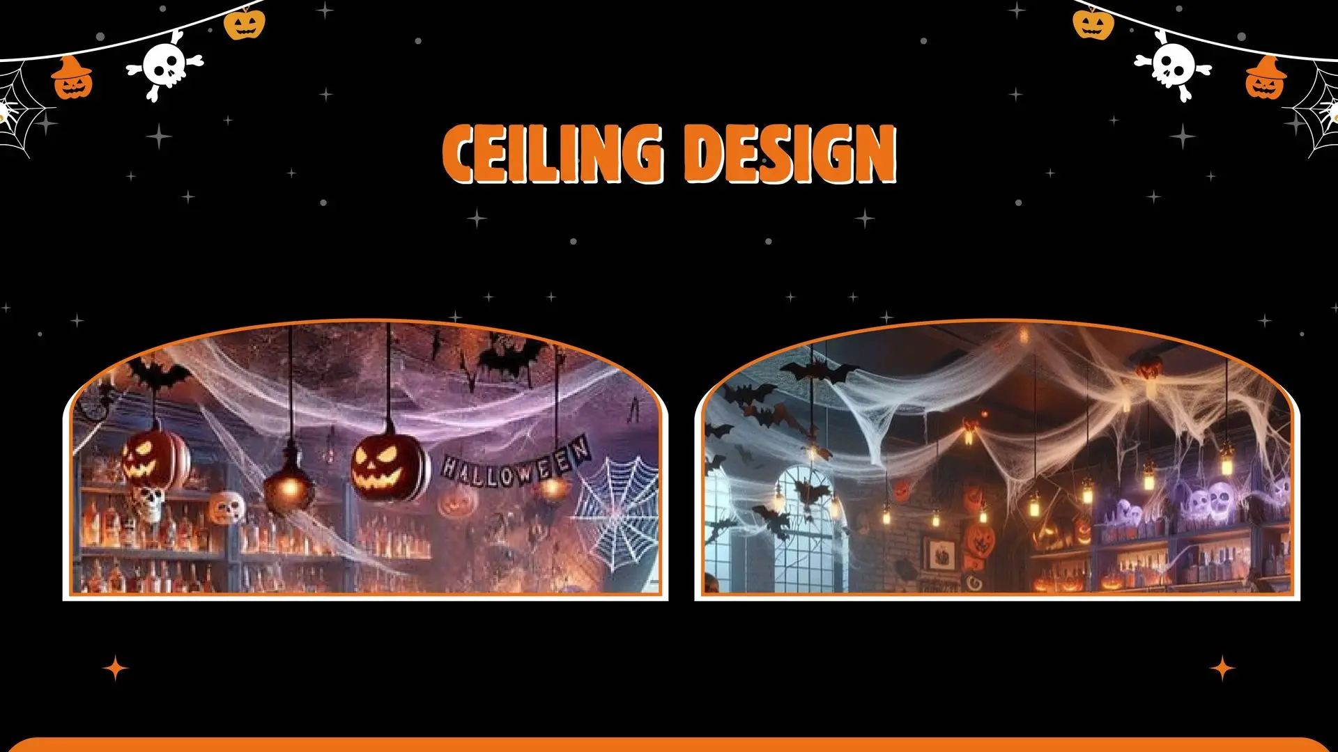 Halloween ceiling decoration by Duo Star in Dubai with hanging bats, cobwebs, and spooky lights for indoor party setups.