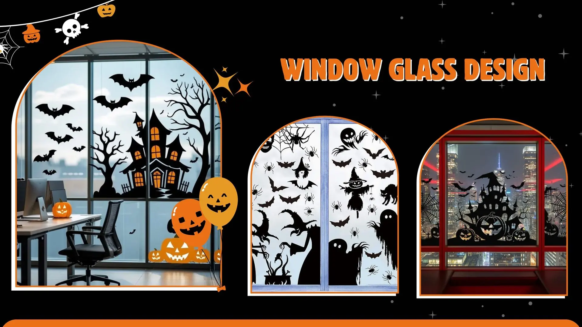 Halloween window glass decoration by Duo Star in Dubai featuring spooky decals, pumpkins, and eerie lighting for a festive look.
