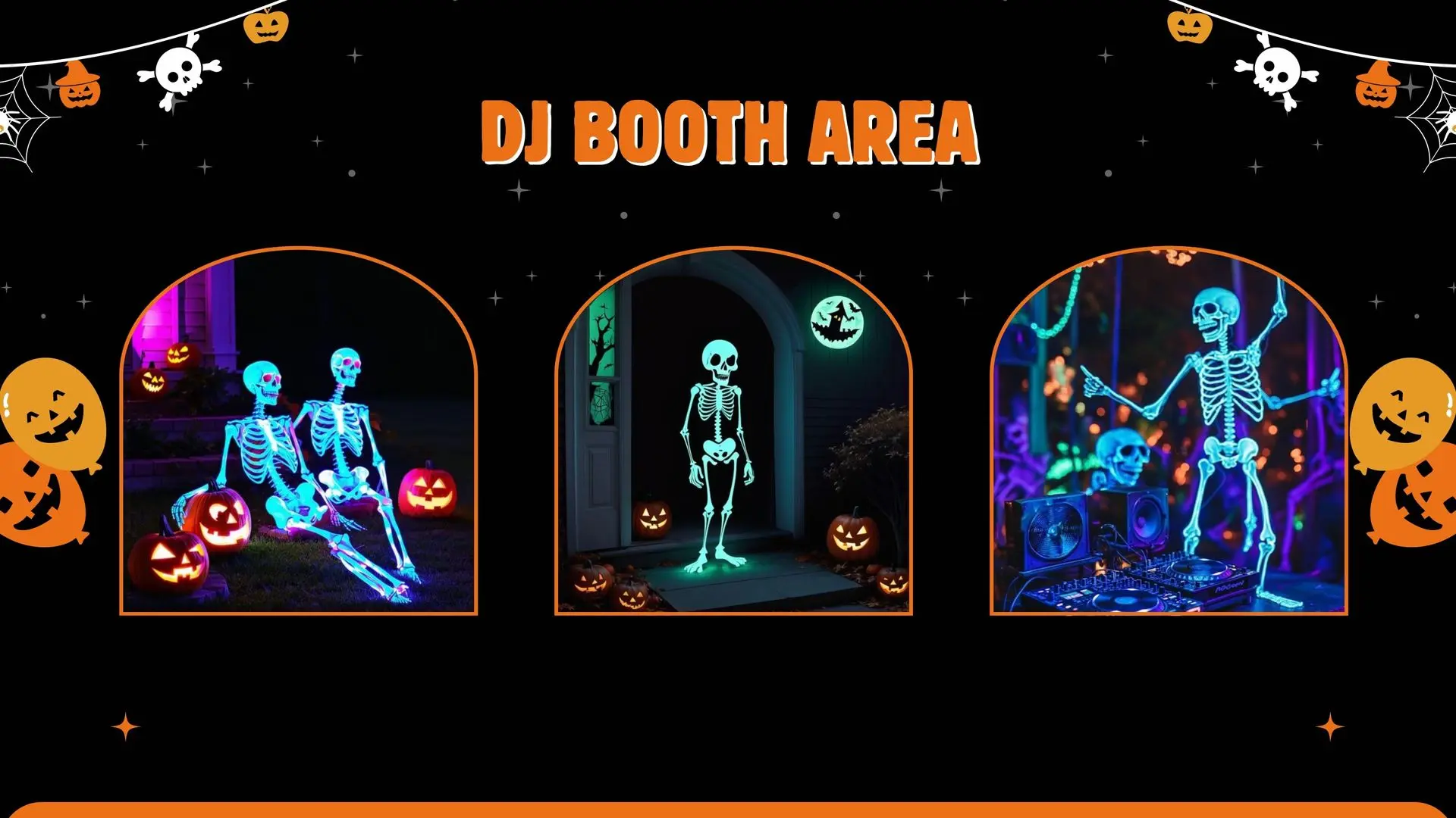Halloween DJ booth area decoration by Duo Star in Dubai with spooky props, themed lighting, and Halloween-themed backdrop for parties and events.