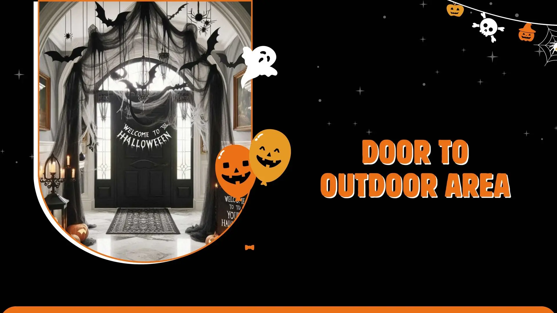 Halloween door to outdoor area decorated by Duo Star in Dubai with pumpkins, cobwebs, and eerie lighting, creating a spooky entrance for Halloween parties.